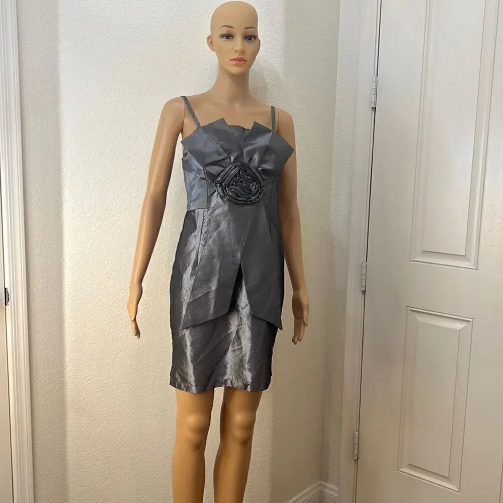 Silver Metallic Mini Dress Bow Front Satin Adjustable Spaghetti Straps Padded